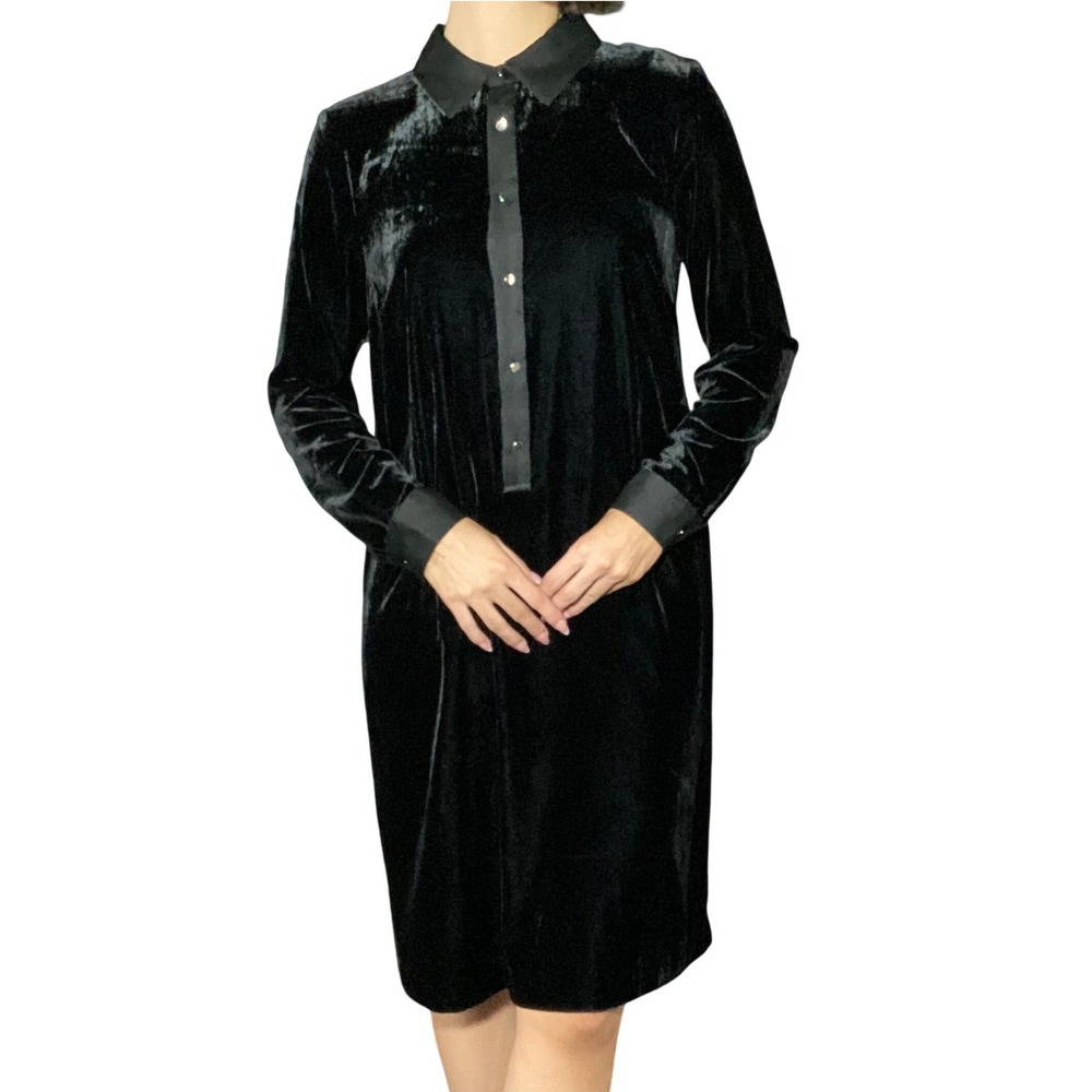 NWT Talbots Whimsigoth Black Crushed Velvet Satin Collar Shift Dress Velour - M - Picture 3 of 10